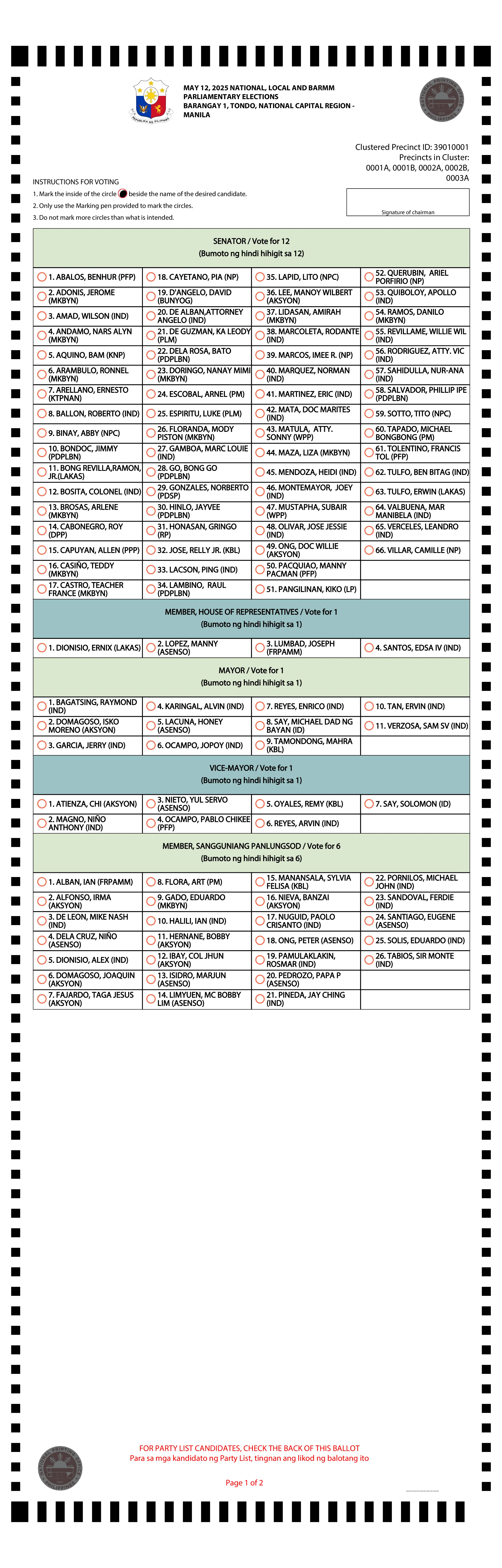Election Ballot Face Front